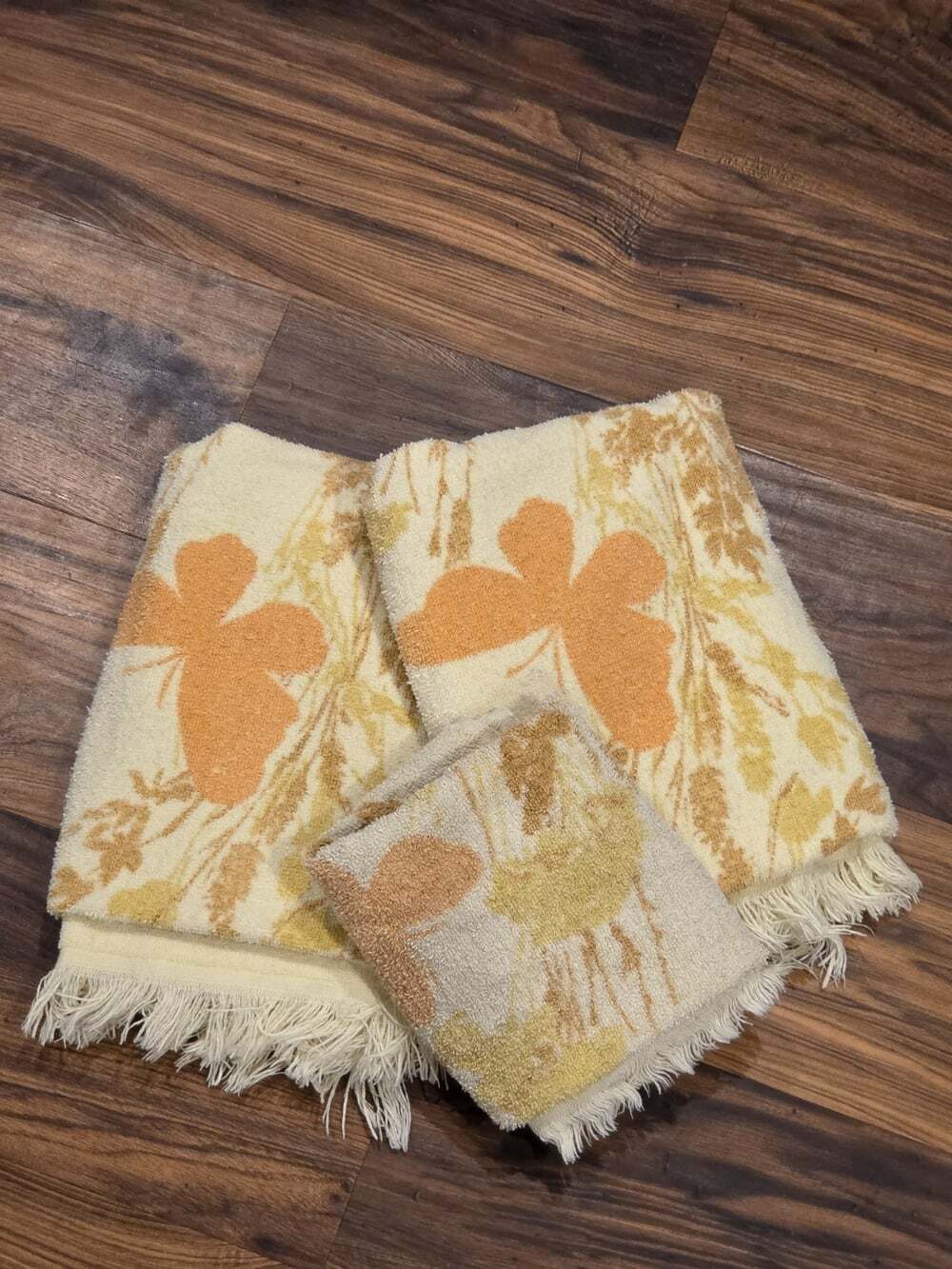 Vintage Cannon Towel Set 3 Piece Retro Floral Butterfly Fringe Yellow Orange